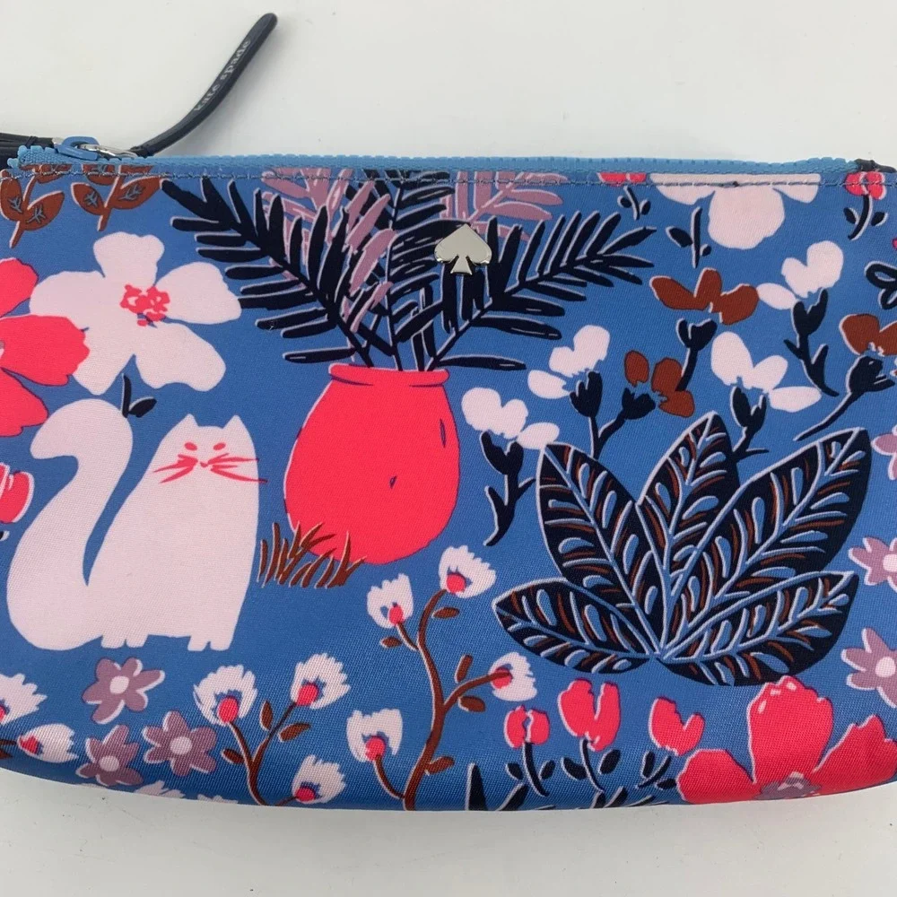 Kate Spade Cat in the Garden Blue Nylon Wristlet Pouch Floral Botanical Pouch